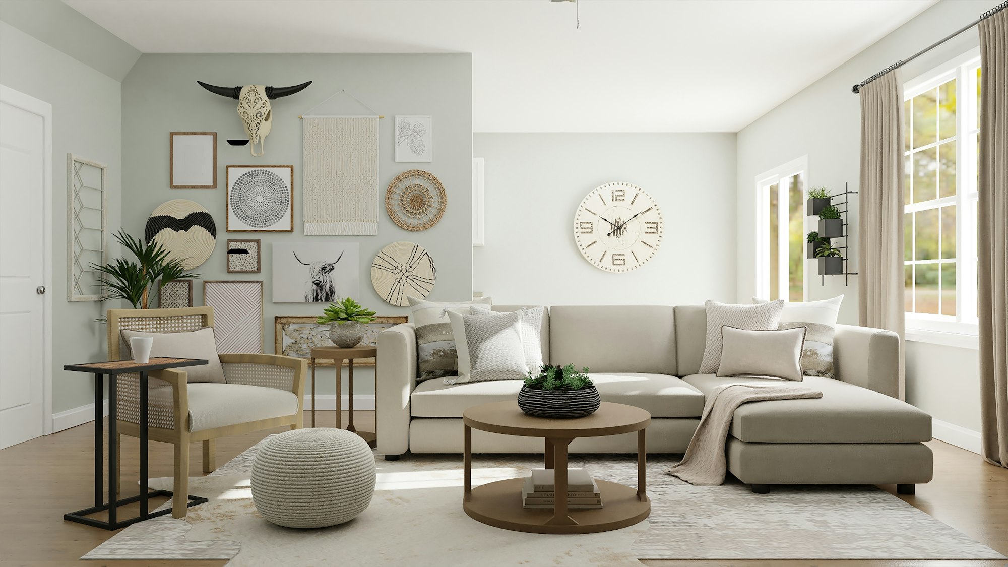 Elegant living room interior with sophisticated wall treatment and layered neutral furnishings