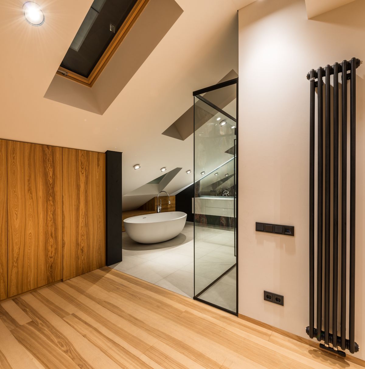 Modern accent space with a warm wood-panelled feature wall