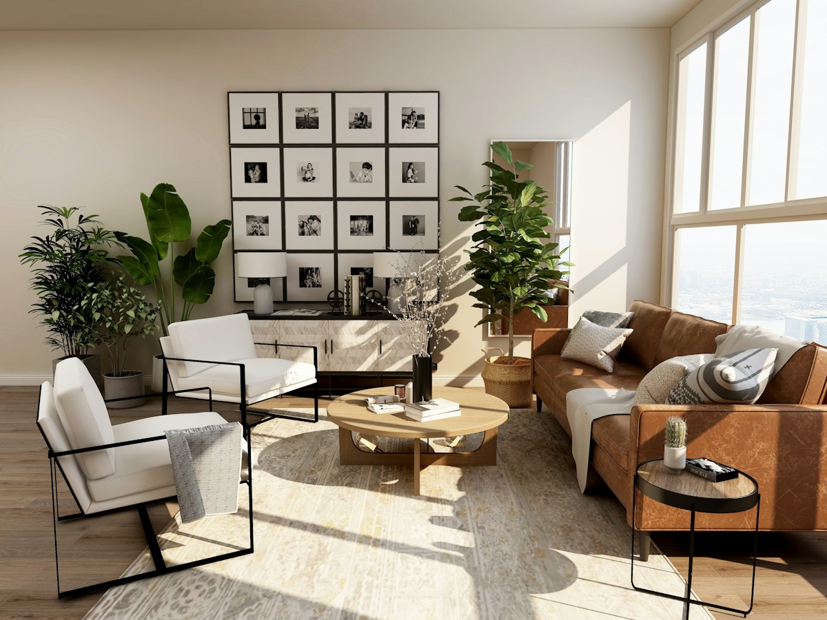 Bright living room with a gallery wall and refined neutral interior finish