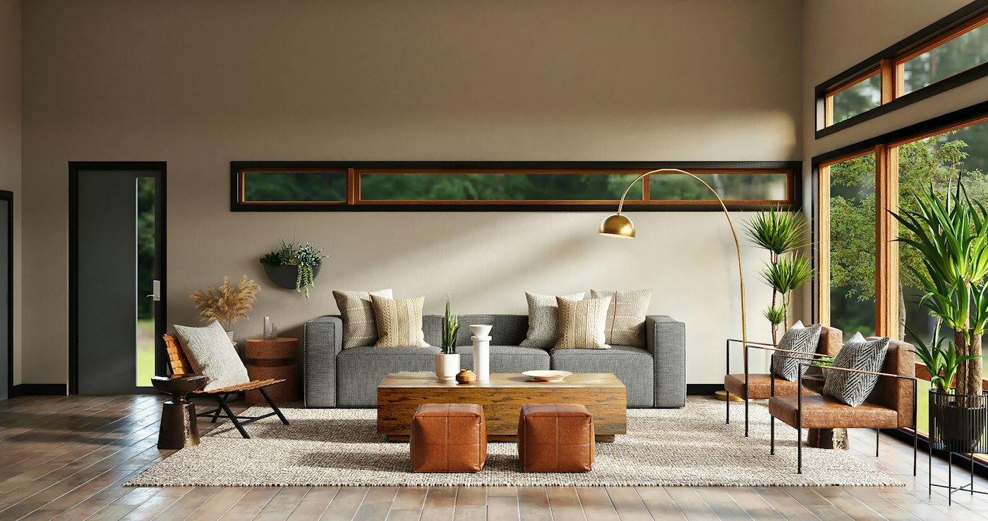 Contemporary lounge interior with a considered feature wall and warm materials