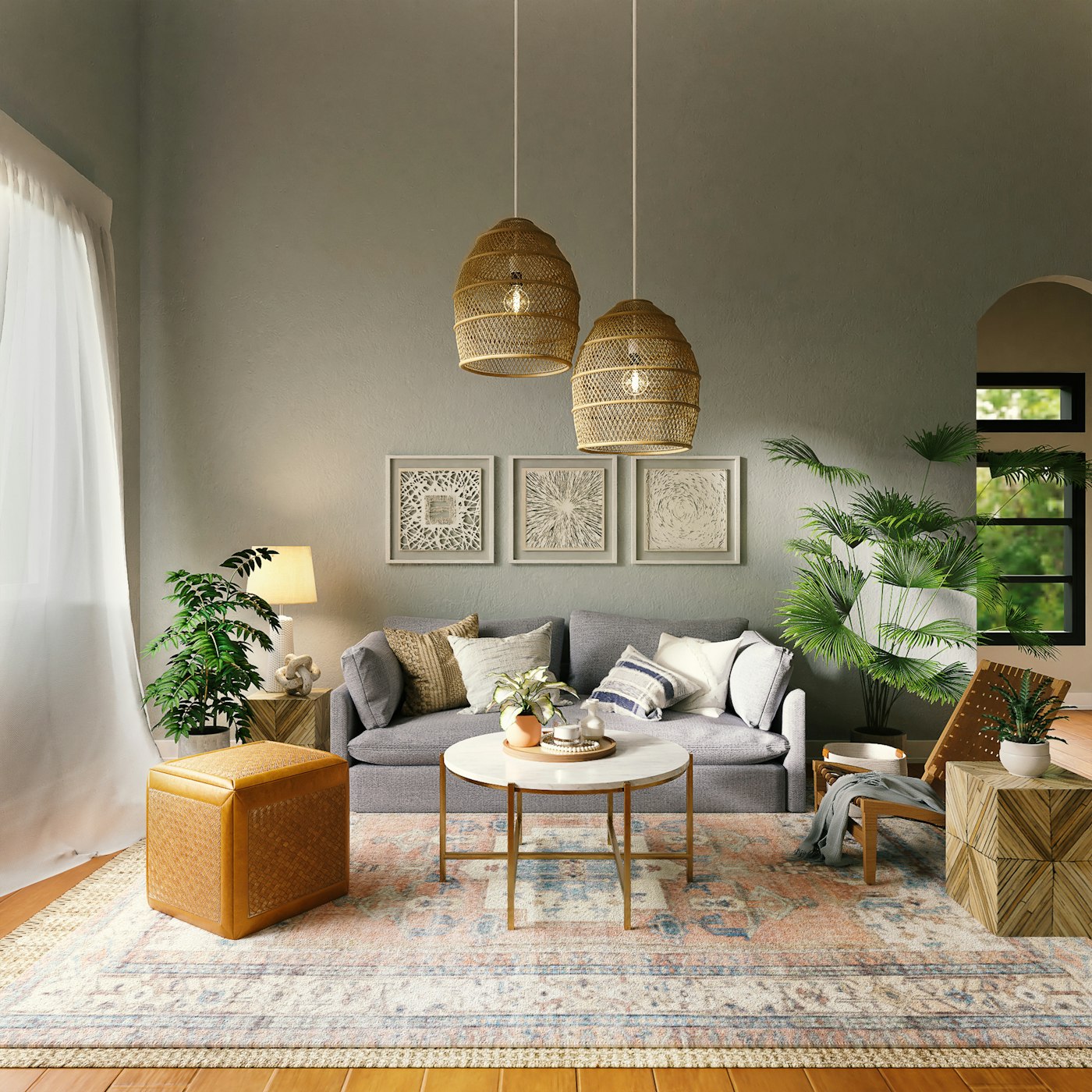 Residential living space with elegant wall covering and soft natural light
